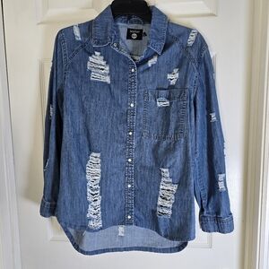 Distressed Denim Boohoo Blue Snap Front Womens Shirt‎ 8